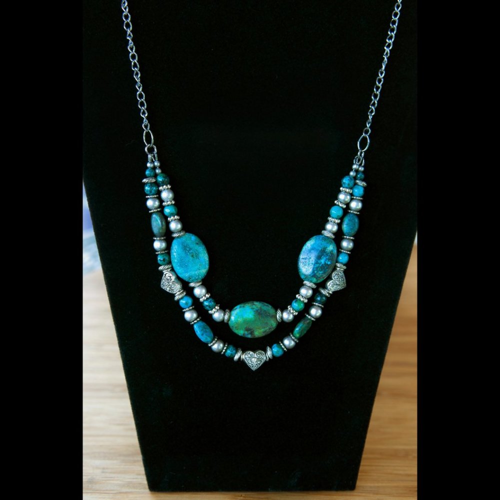 NEW HANDMADE - Double Strand Turquoise and Silver Tone Metal Beads - Picture 1 of 9